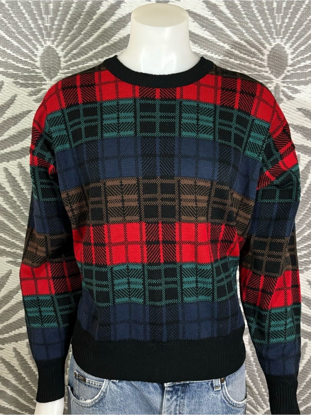 Vintage Plaid Sweater Red Green Navy XL Oversized Grandpa Preppy 90s